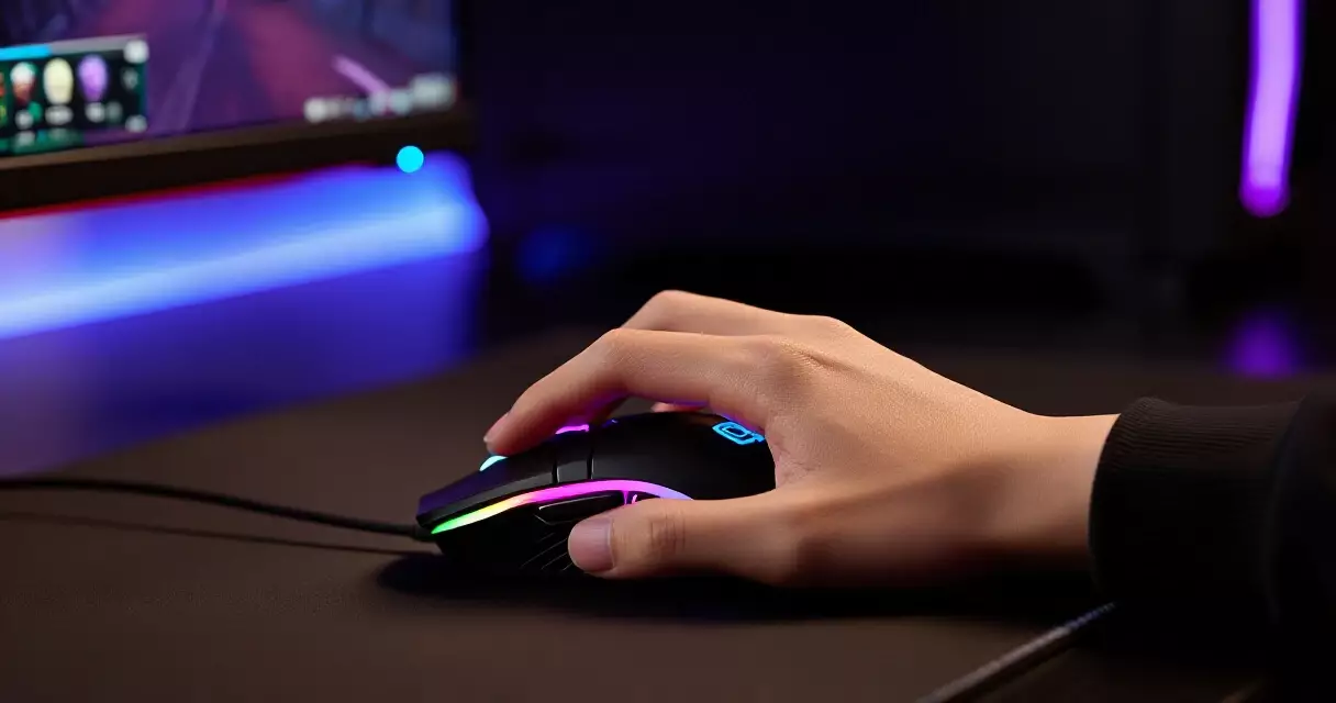 Gamer's hand on RGB mouse during a competitive free-to-play Steam session
