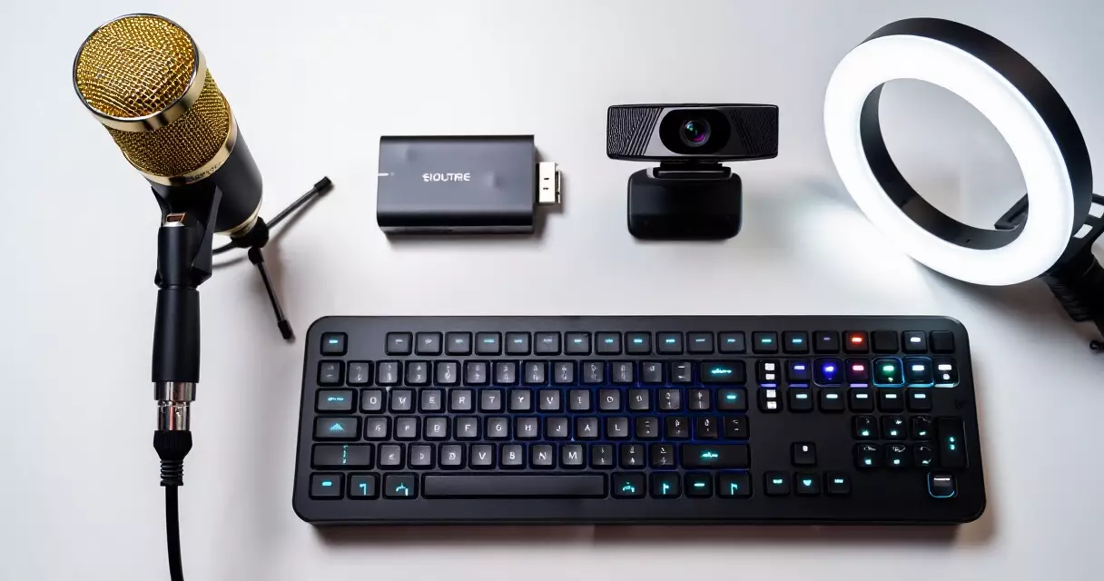 Game streaming peripherals flat lay including microphone, capture card, webcam, ring light, and stream deck