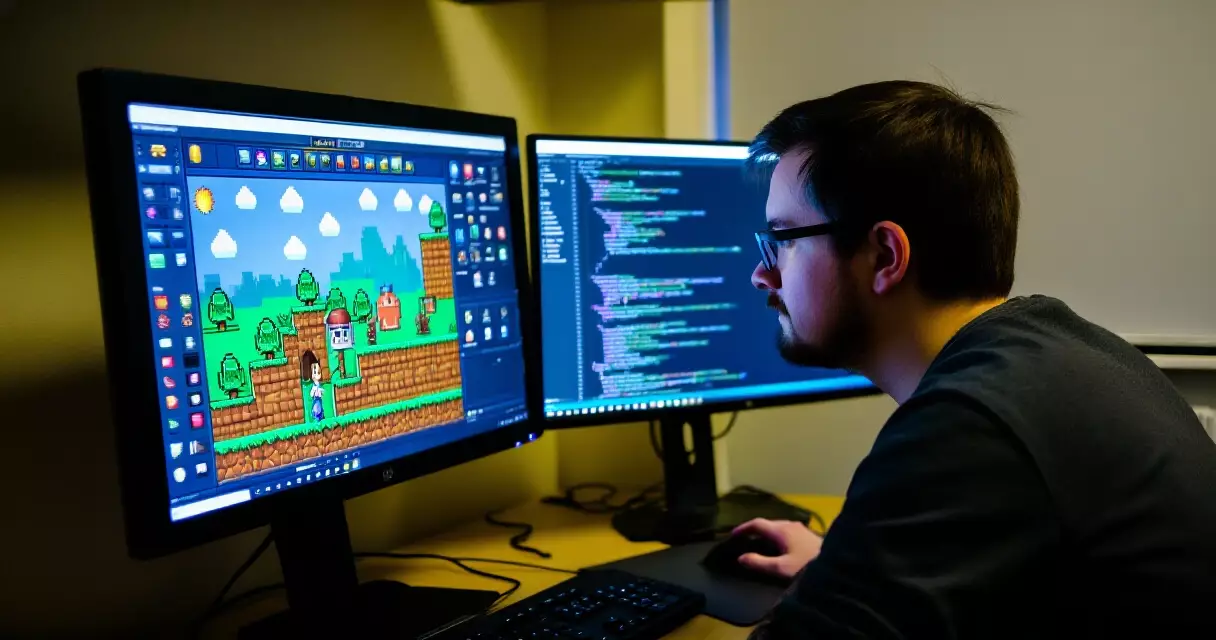 Solo indie developer building a game on a dual-monitor desk setup at night