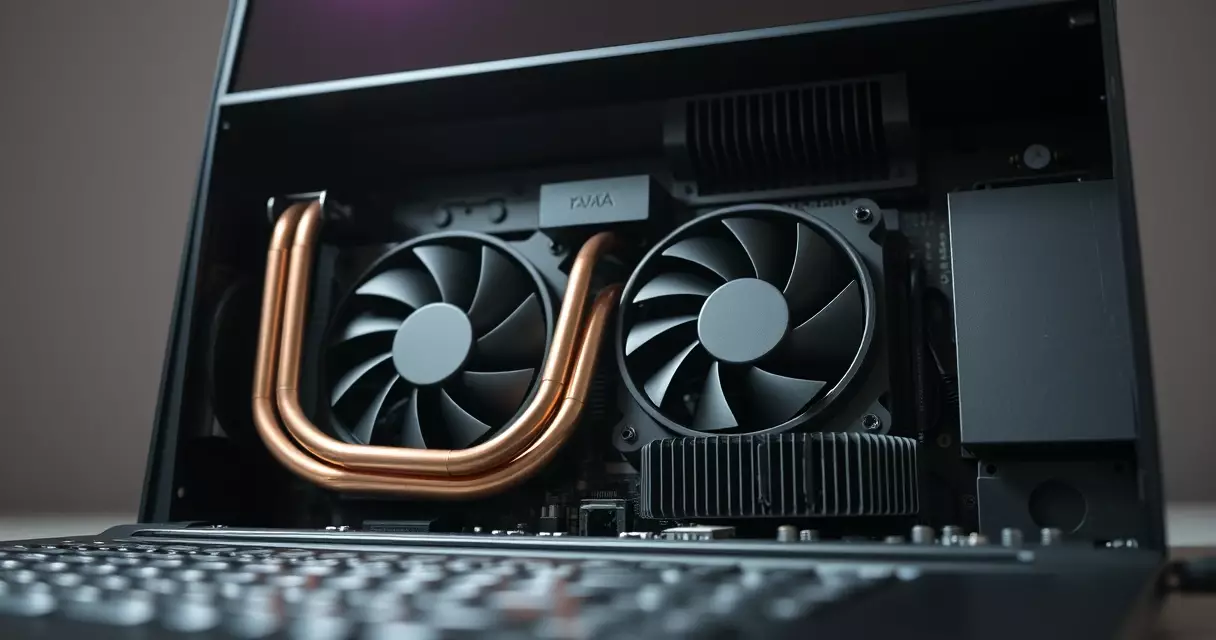 Interior of a gaming laptop showing copper heat pipes and dual cooling fans