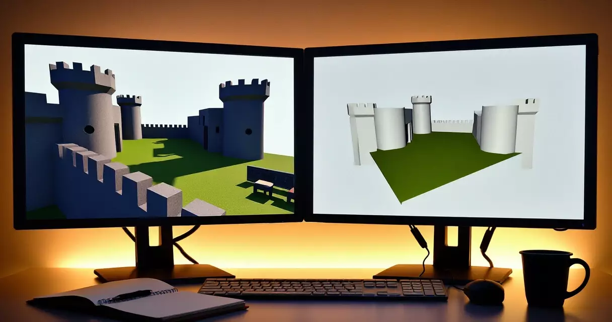 Developer workstation comparing original low-poly game scene with rebuilt high-detail remake version