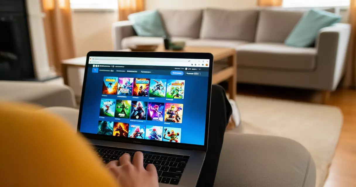 Person browsing a digital storefront of indie games on a laptop at home
