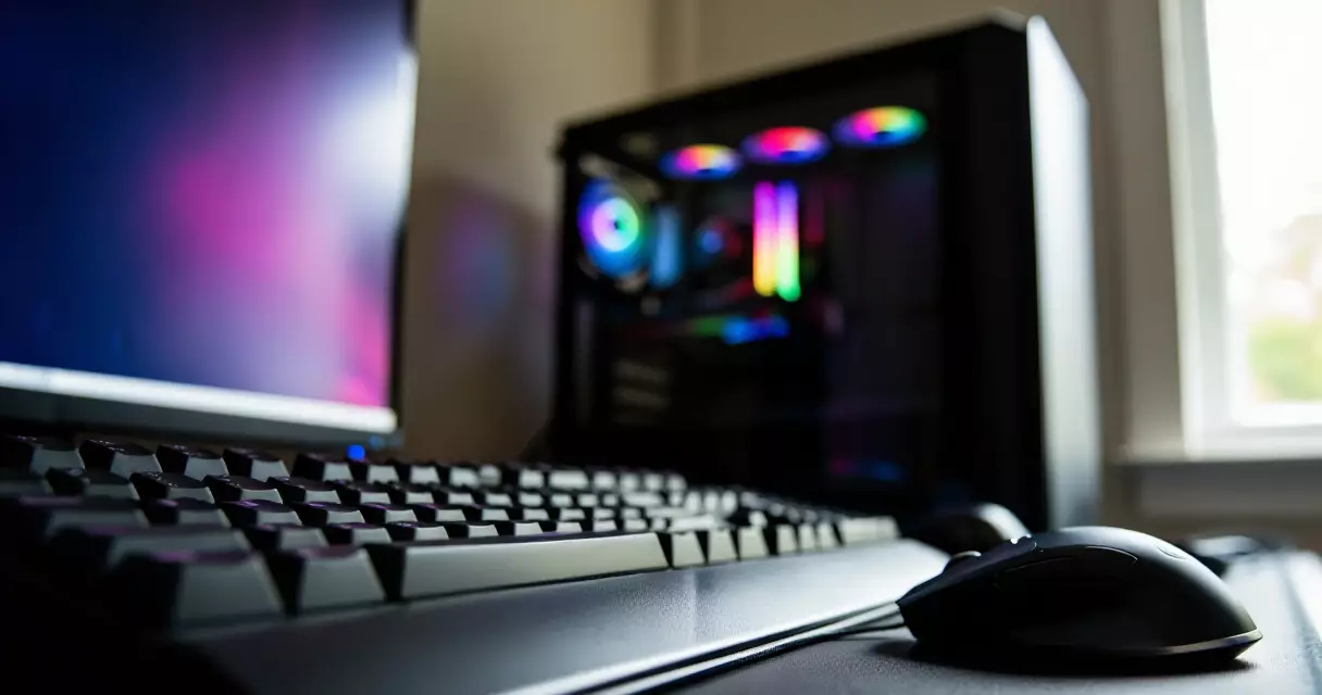 Gaming desktop setup with keyboard and mouse lit by natural window light