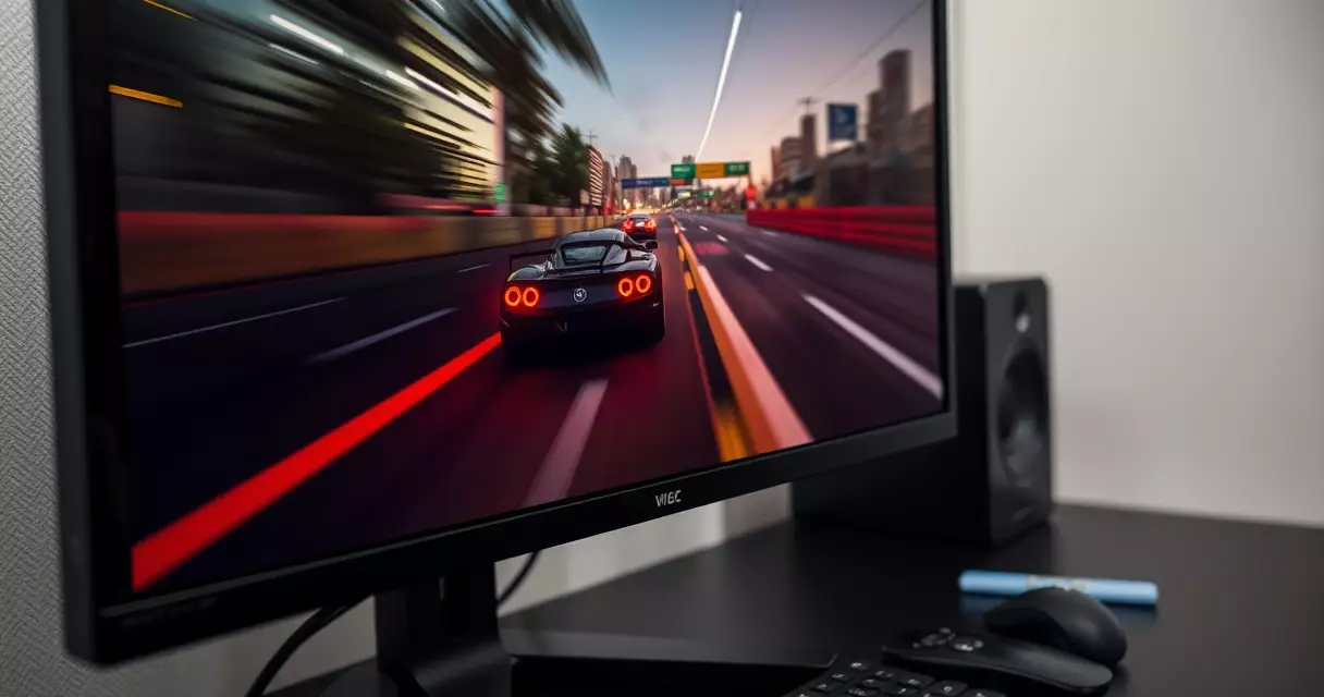 Gaming monitor running a fast motion scene without visible screen tearing