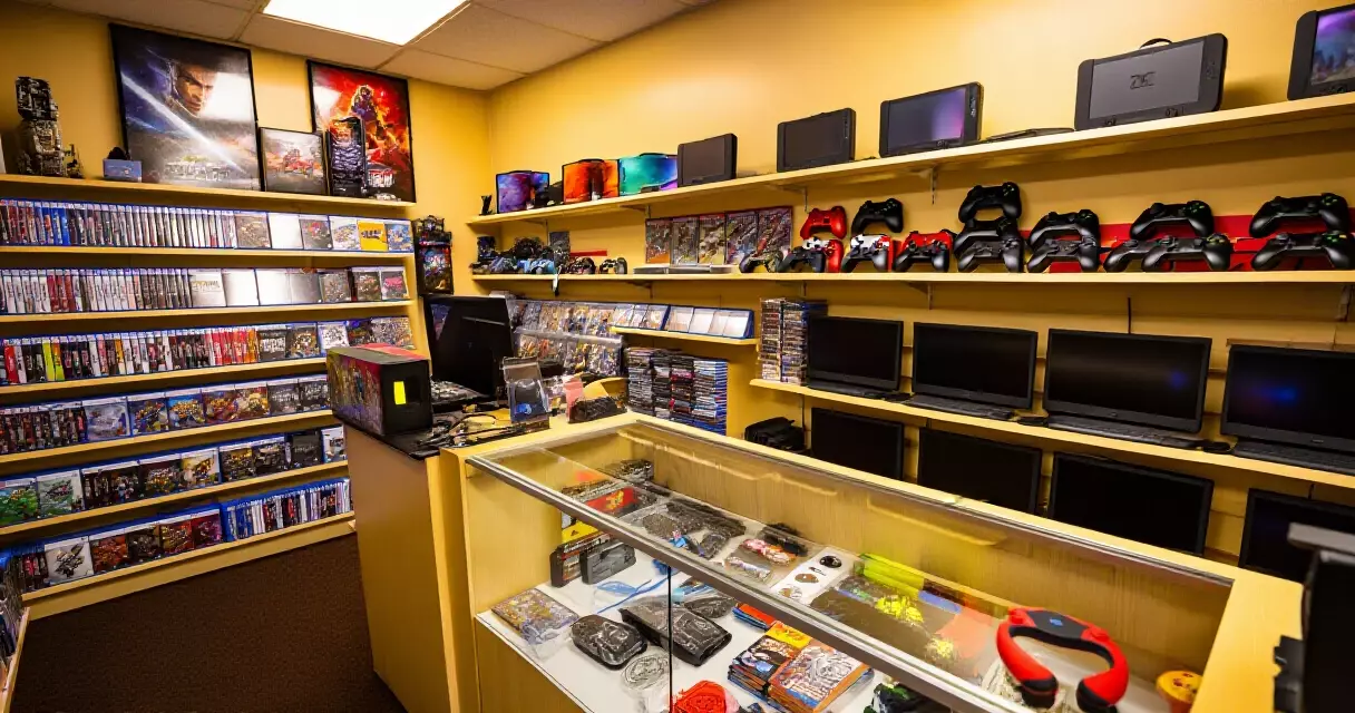 Interior of a Singapore video game retail store with shelves of games and consoles