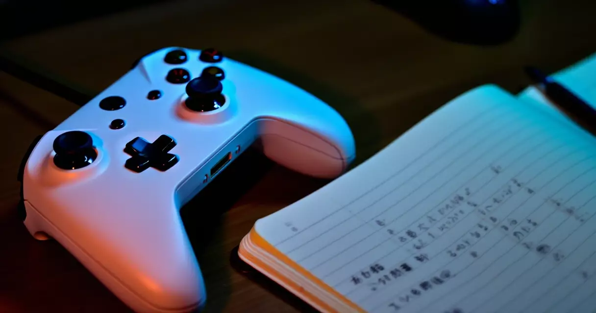 Gaming controller beside study materials, evoking Persona 5 Royal's school-life RPG structure