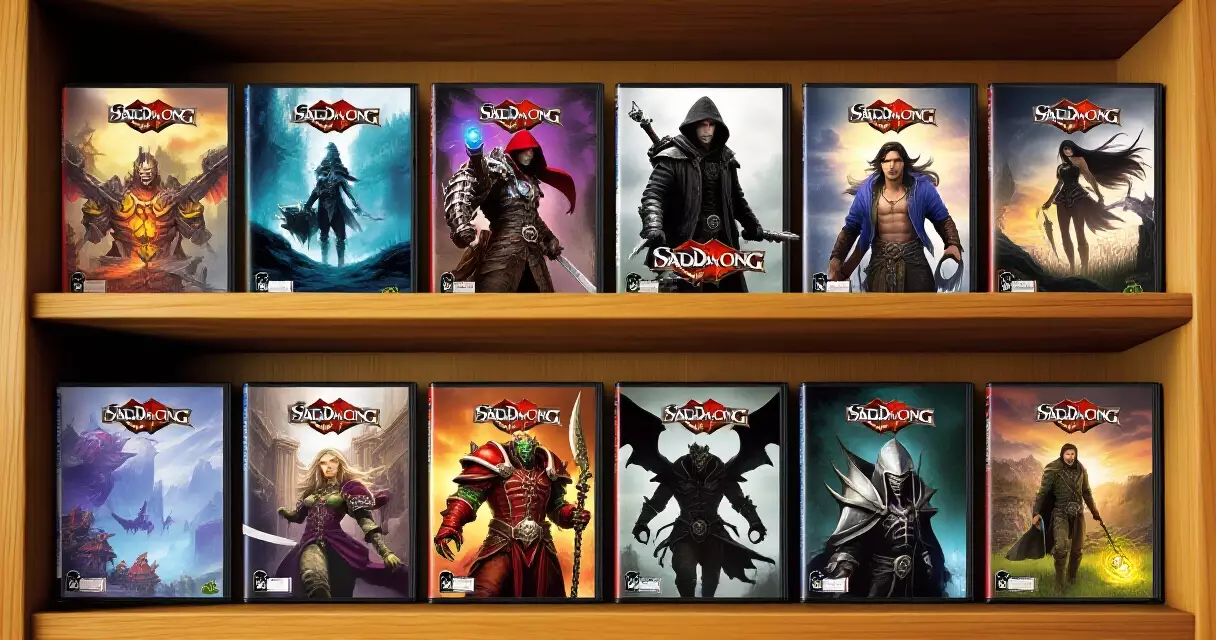 Various RPG game covers arranged on a shelf showing genre variety