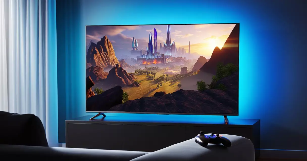 Gaming showcase broadcast on a TV in a living room, dramatic fantasy landscape on screen