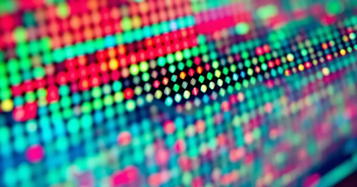 Macro view of monitor pixels glowing in red green and blue subpixels