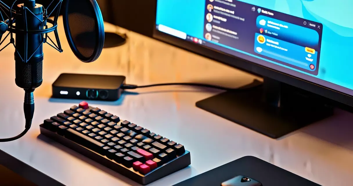 Streaming desk close-up with microphone, capture card, and monitor showing live streaming dashboard