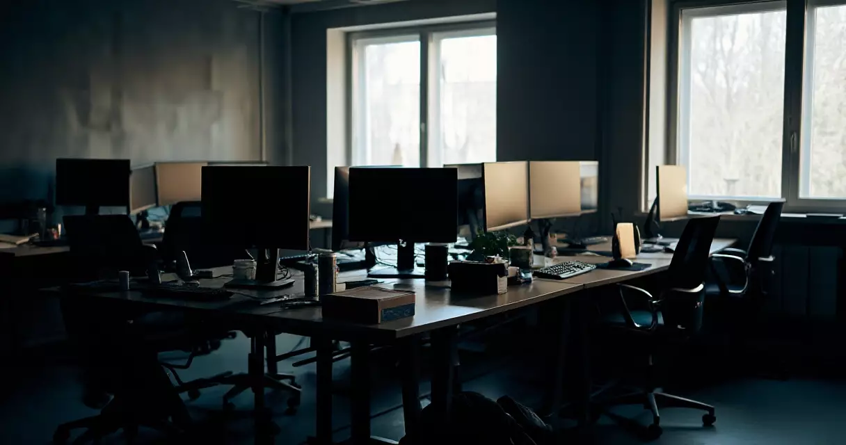 Empty game development studio office with abandoned workstations and dark monitors