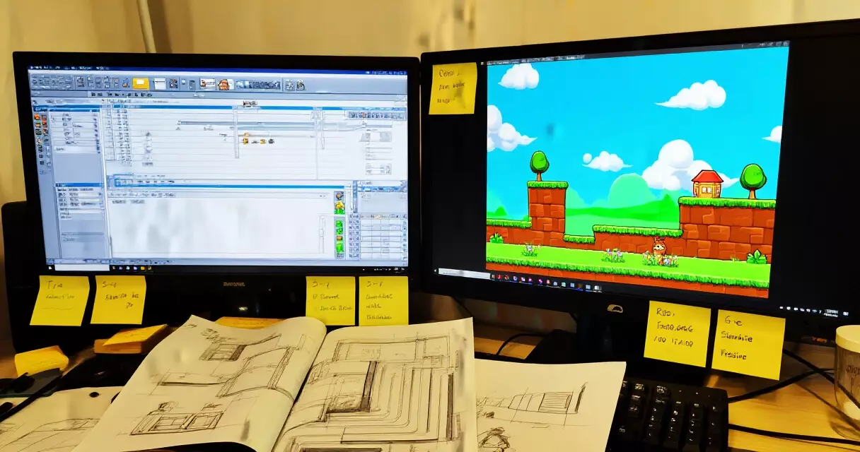 Indie game developer workspace showing game engine and 2D platformer prototype on dual monitors