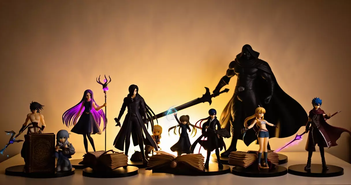 Black Clover anime collectible figurines displayed in a gaming room, dark fantasy aesthetic