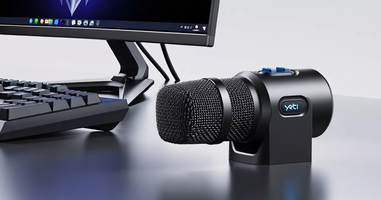 Blue Yeti USB microphone on a gaming desk setup