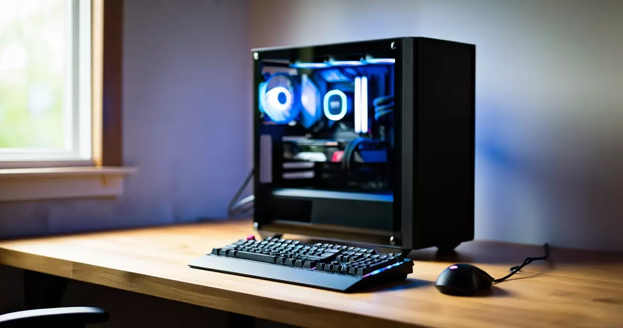 Gaming PC tower on a desk with mechanical keyboard and mouse, natural lighting