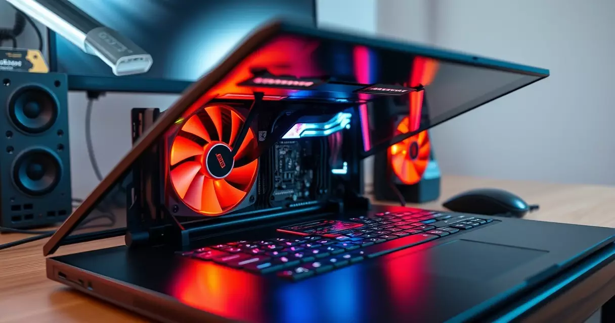 Internal hardware of a gaming laptop with cooling fans and components visible