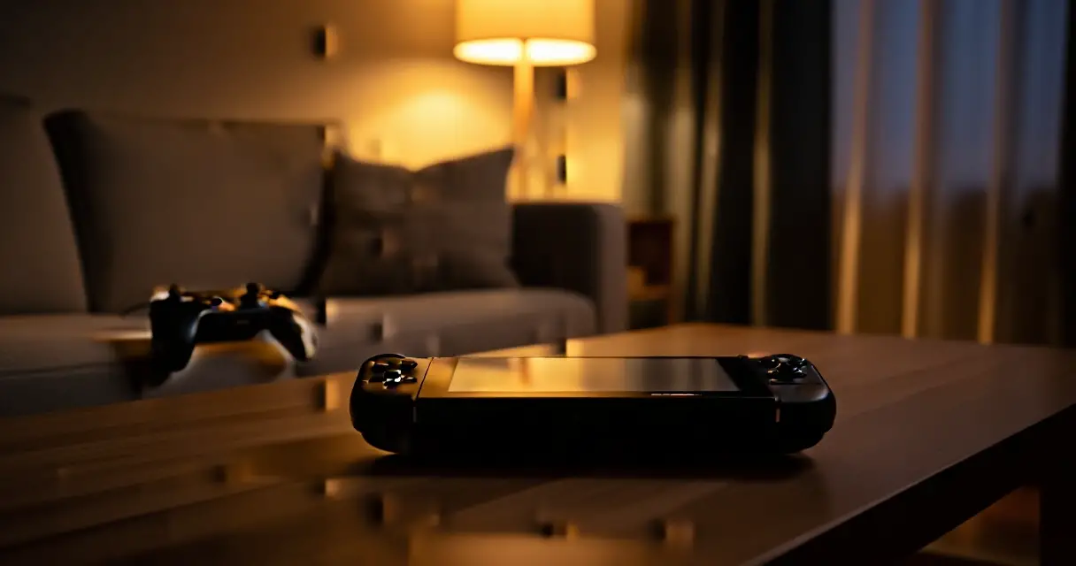 Cozy home setup for exploring gaming hobbies with controller and handheld on a coffee table