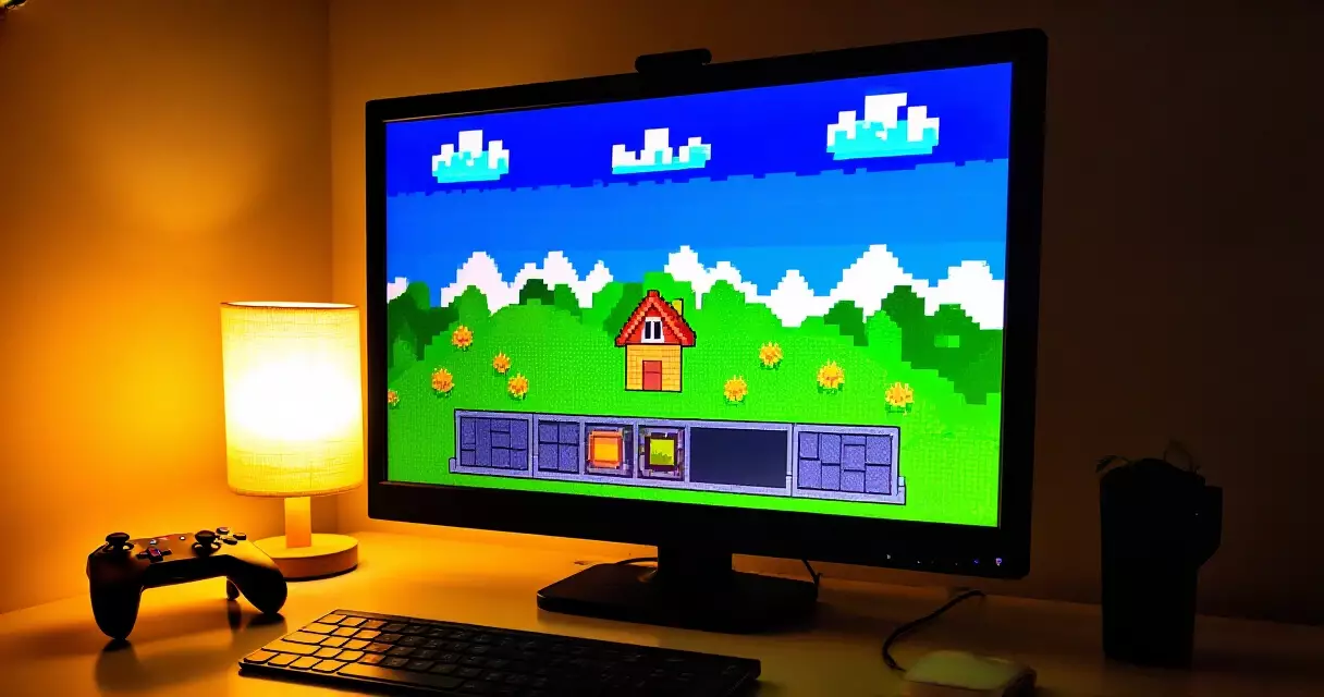 Indie game shown on a desktop monitor in a warm home setup