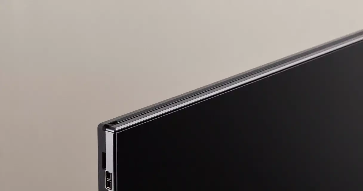 Side profile close-up of a thin OLED gaming monitor showing rear connectivity ports