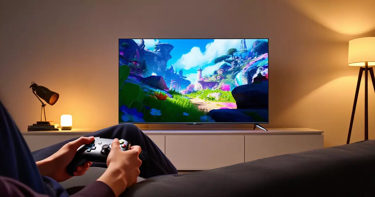 Person playing a cloud game on a smart TV from a couch using a wireless controller