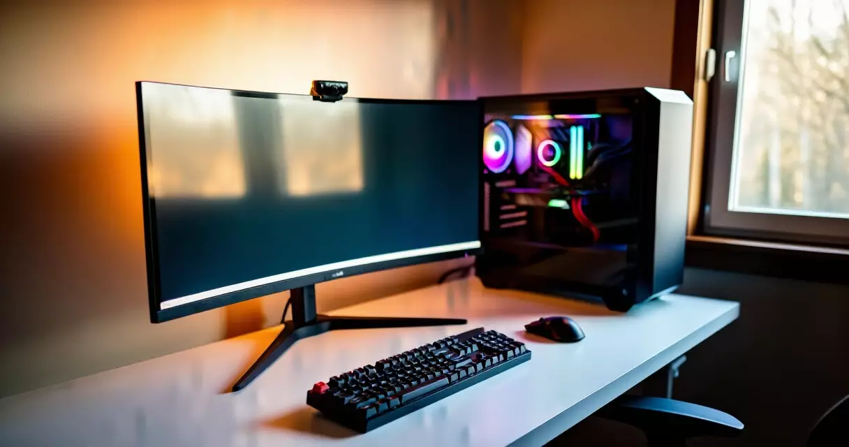 Gaming PC setup with curved monitor and mechanical keyboard in a home office setting