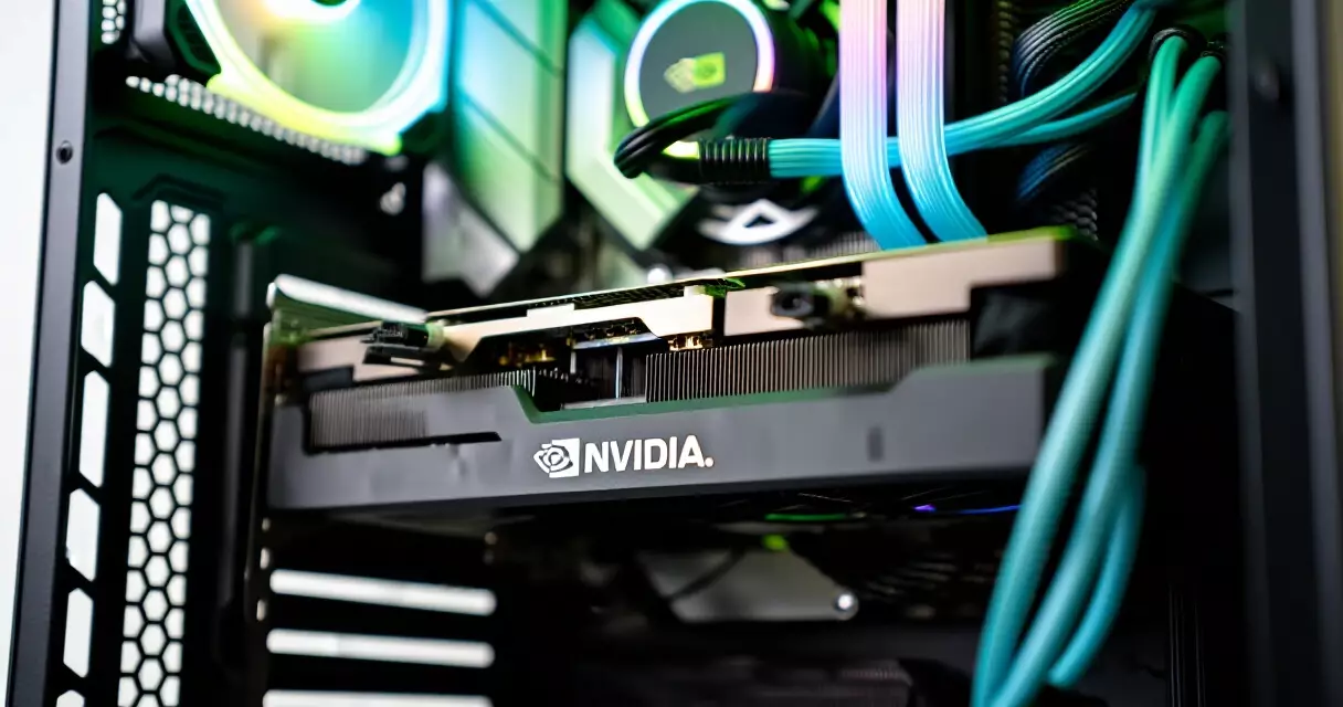 Nvidia RTX GPU installed in a gaming PC tower, seen from inside the case