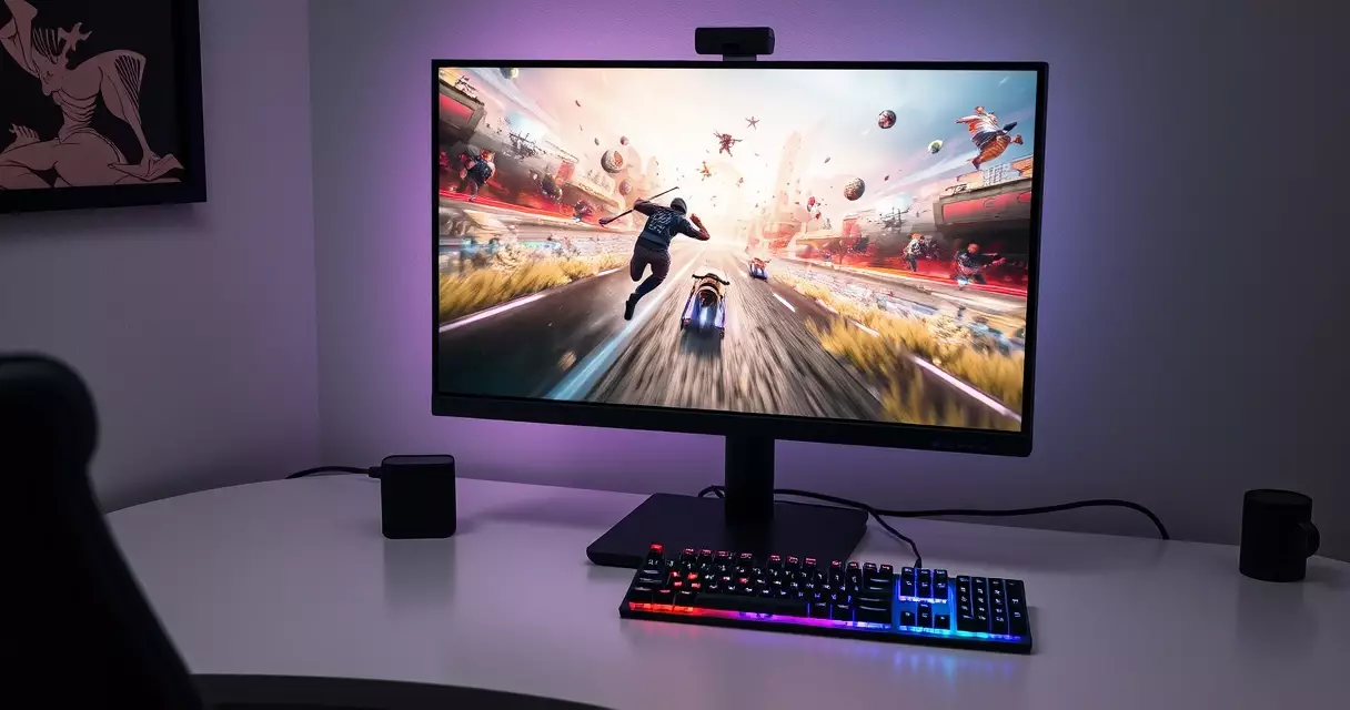 Gaming monitor on a desk showing a colorful fast-action game scene