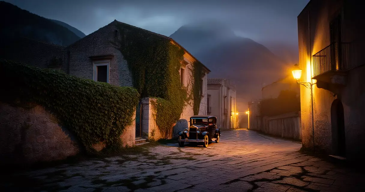 Early 20th century Sicilian street scene at night with vintage automobile and stone architecture