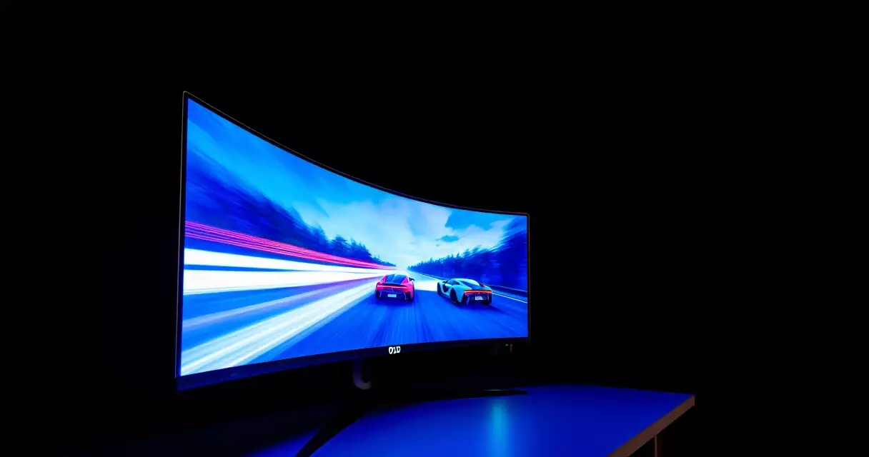 Close-up of an OLED gaming monitor showing a vivid racing game with deep blacks