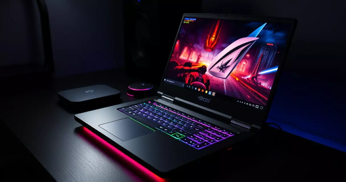 ASUS ROG Strix gaming laptop with backlit keyboard on a dark desk