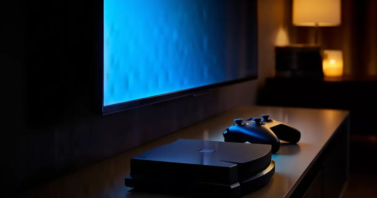 Living room television setup with a game console beneath it, ambient evening lighting