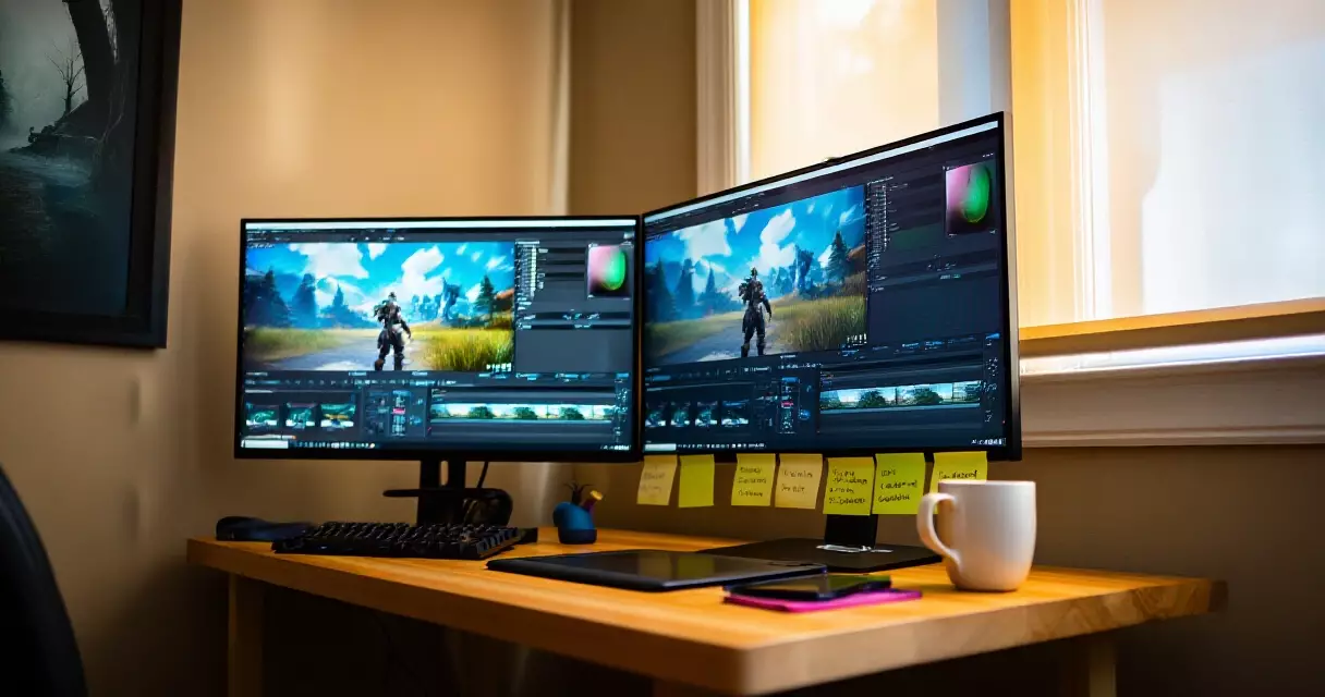 Solo indie game developer workspace with dual monitors and a drawing tablet