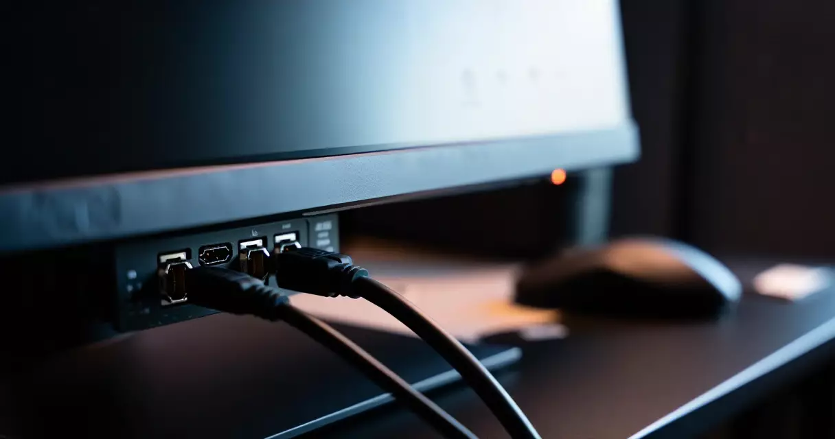 Rear input ports of a gaming monitor with DisplayPort and HDMI cables connected