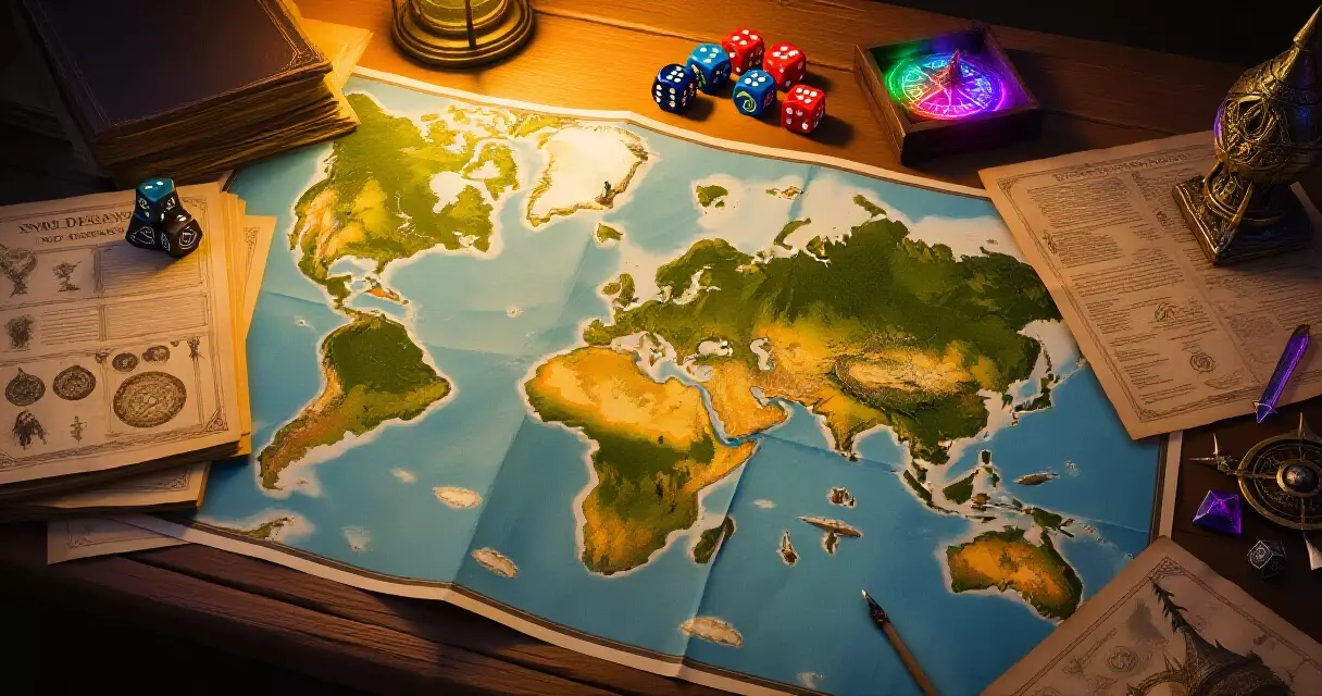Fantasy RPG world map with dice and character sheets on a wooden table