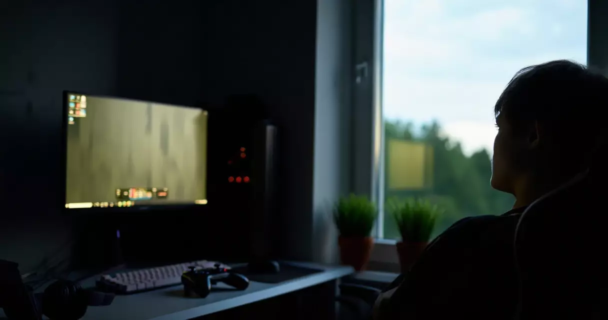 Gamer looking away from screen at distant window following the 20-20-20 eye break rule