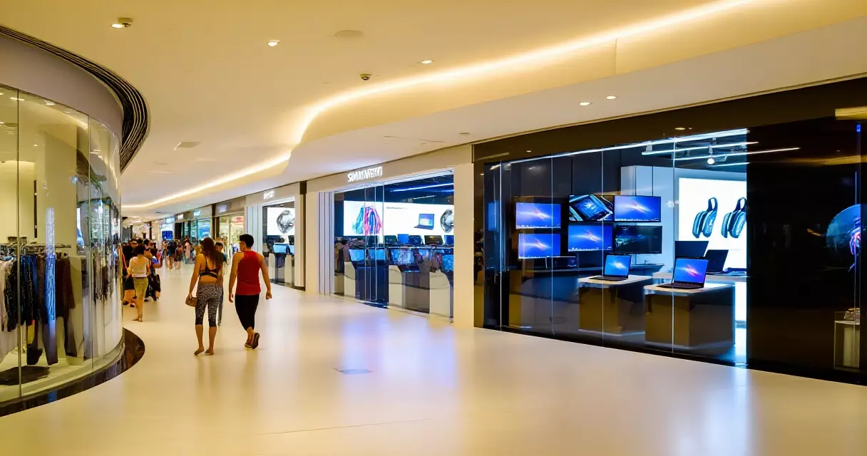 Modern Singapore mall interior with gaming hardware storefronts