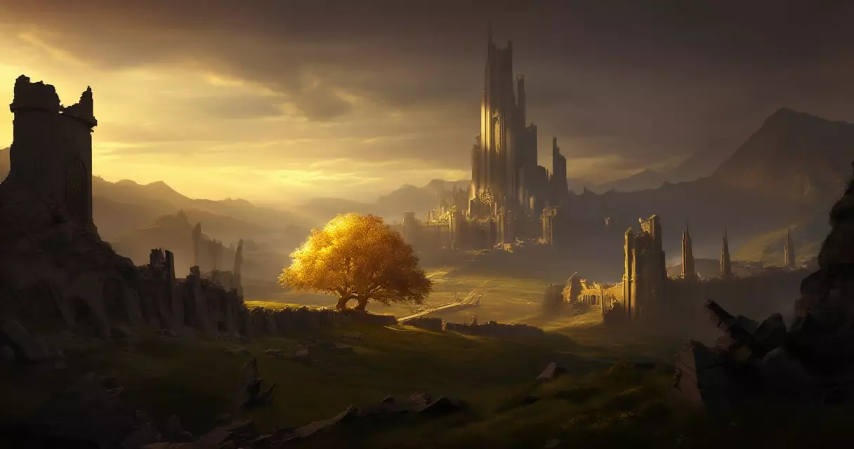 Elden Ring Lands Between open world landscape with the Erdtree glowing in the distance