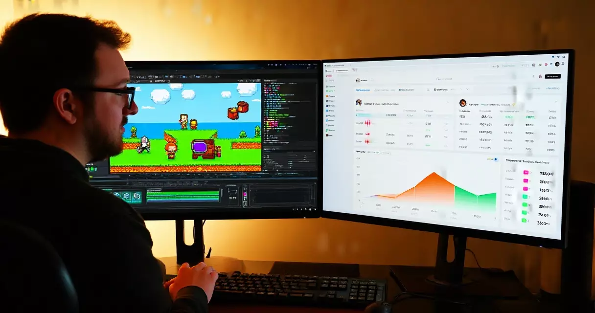 Indie game developer at desk reviewing social media marketing analytics and game artwork on studio monitors