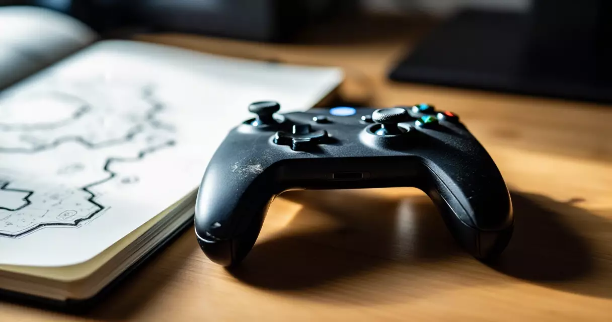 Gaming controller on a wooden desk beside hand-drawn notes, natural light