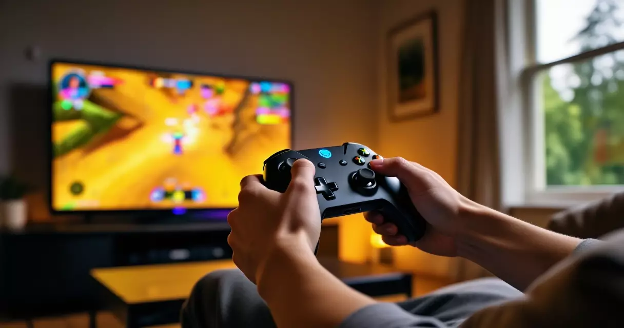Person gaming on sofa with wireless controller and TV in living room