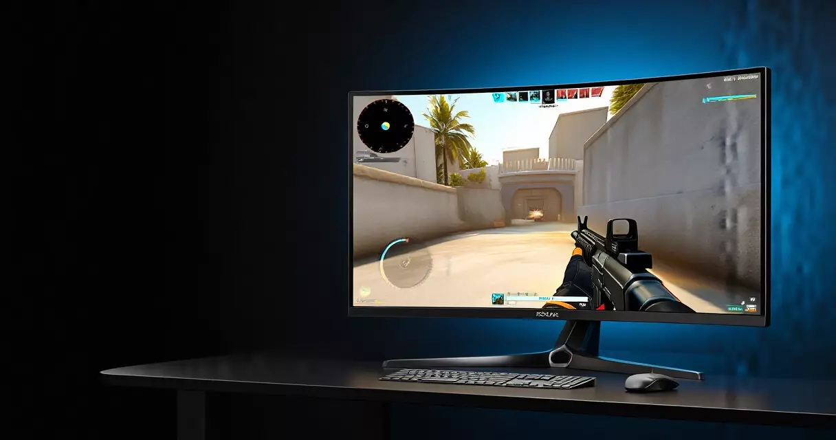 Alienware QD-OLED gaming monitor showing a bright high-contrast game scene on a desk