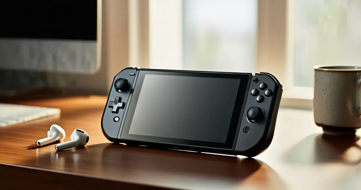Handheld gaming console on wooden desk with soft natural lighting