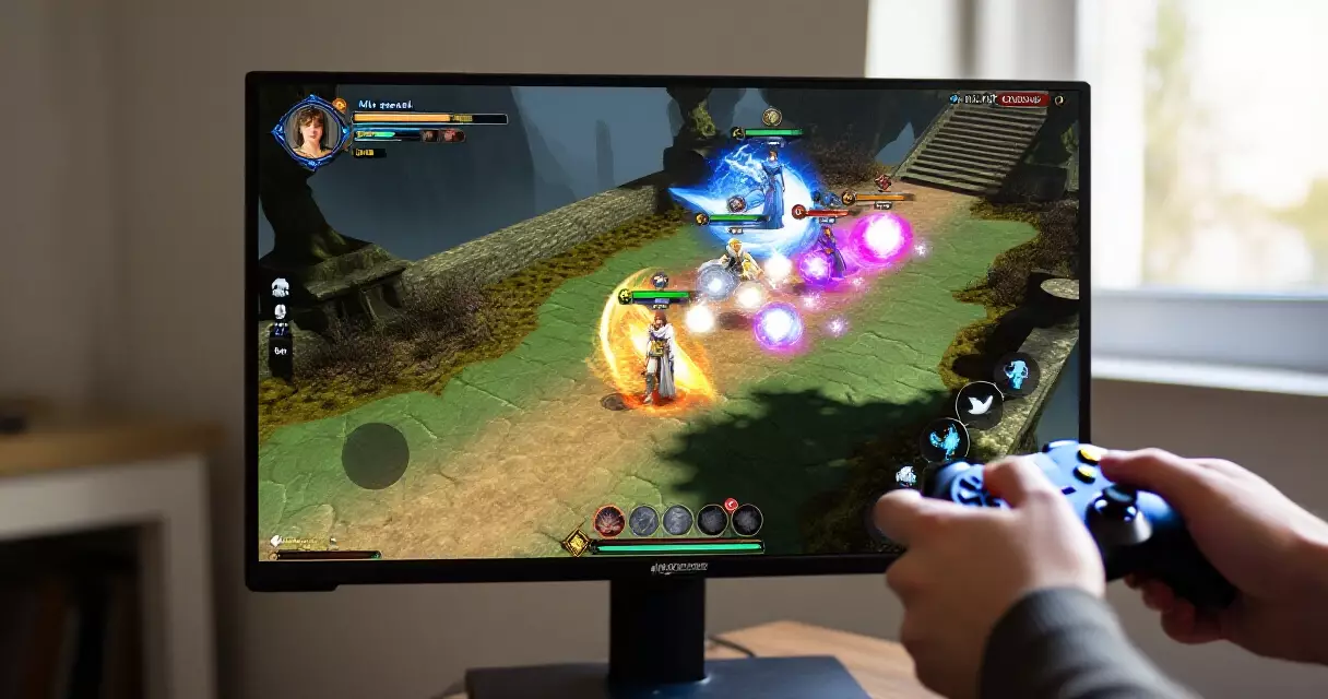 Player holding controller while playing a turn-based RPG on a large monitor