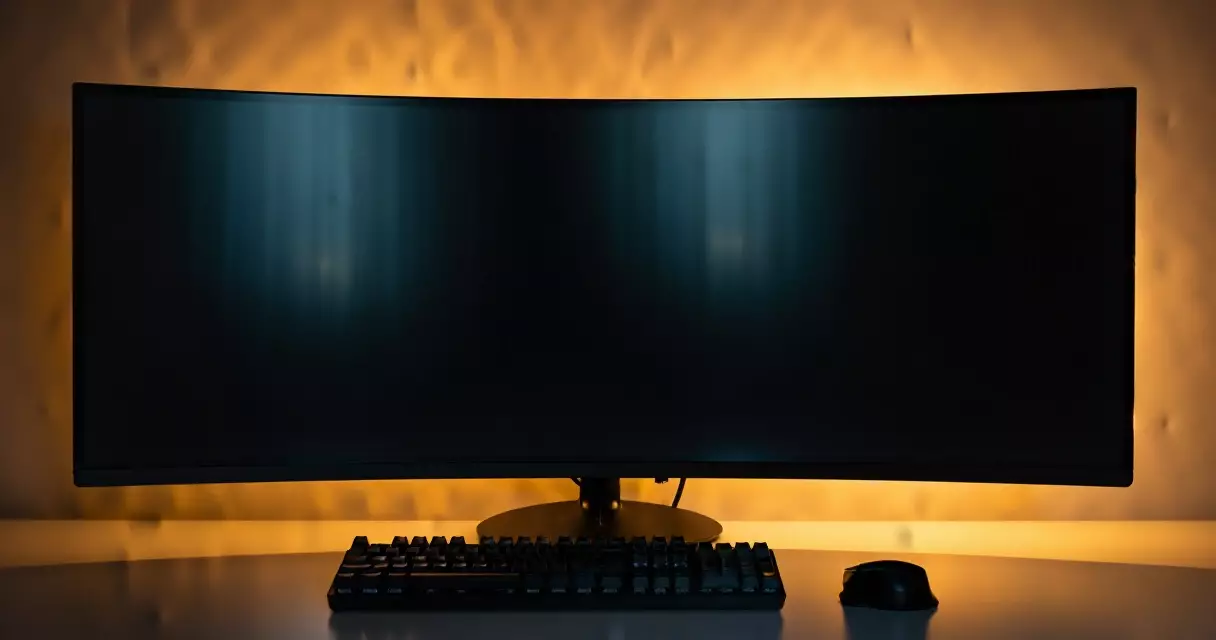 Curved OLED gaming monitor on a desk in a dimly lit room with keyboard and mouse