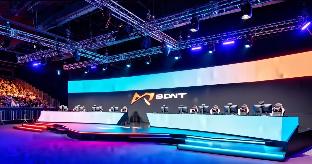 Indoor esports arena stage with LED lighting and competition desks in Southeast Asia