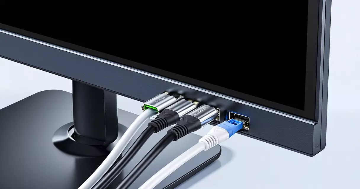Rear connectivity ports on a 1440p gaming monitor including DisplayPort and USB-C