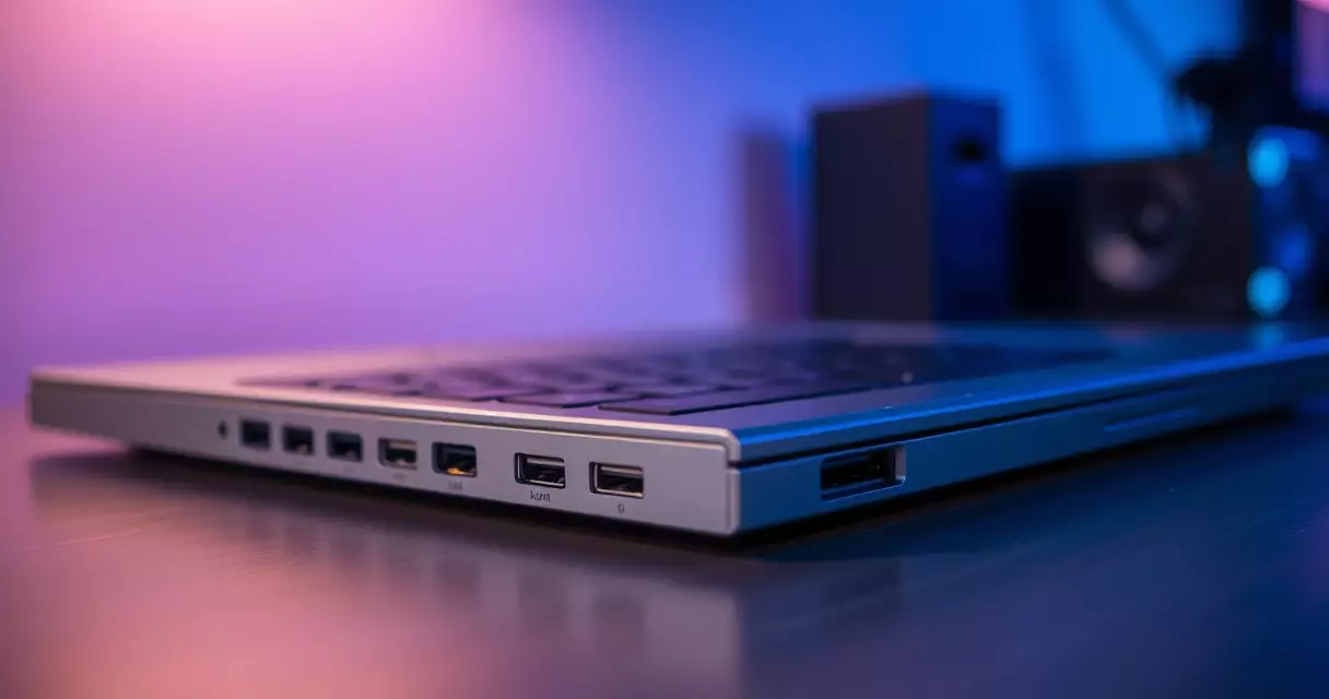 Side profile of a thin aluminum gaming laptop showing ports and slim chassis