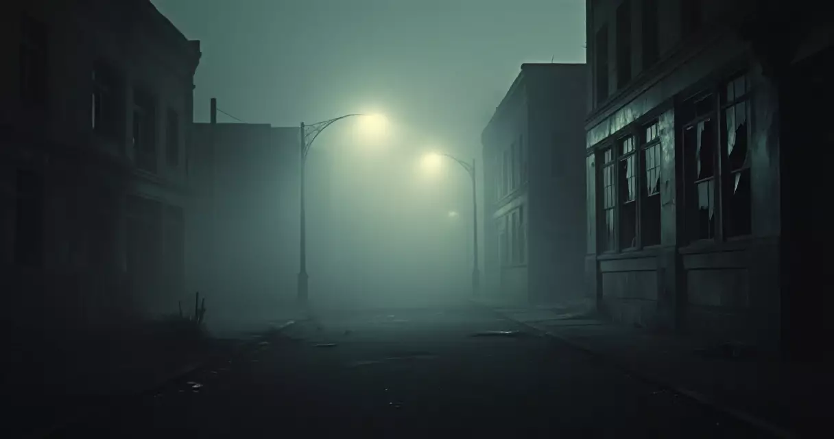 Foggy, abandoned city street at night evoking a horror movie outbreak setting