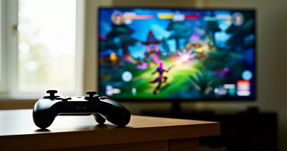 Gaming controller on desk beside glowing TV screen showing action RPG gameplay