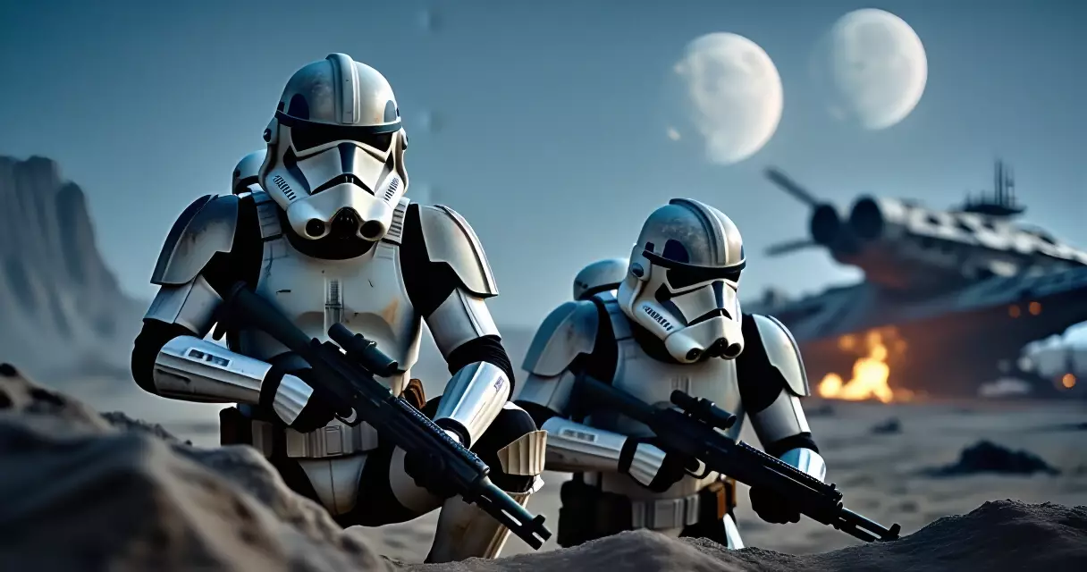 Clone troopers in battle during the Clone Wars era, concept art style